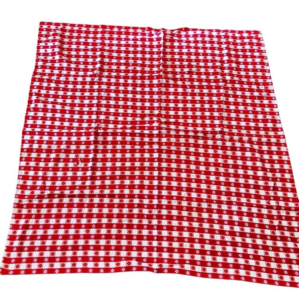 Vintage Cheerful Tablecloth Red White Gingham Flower Plaid See Details